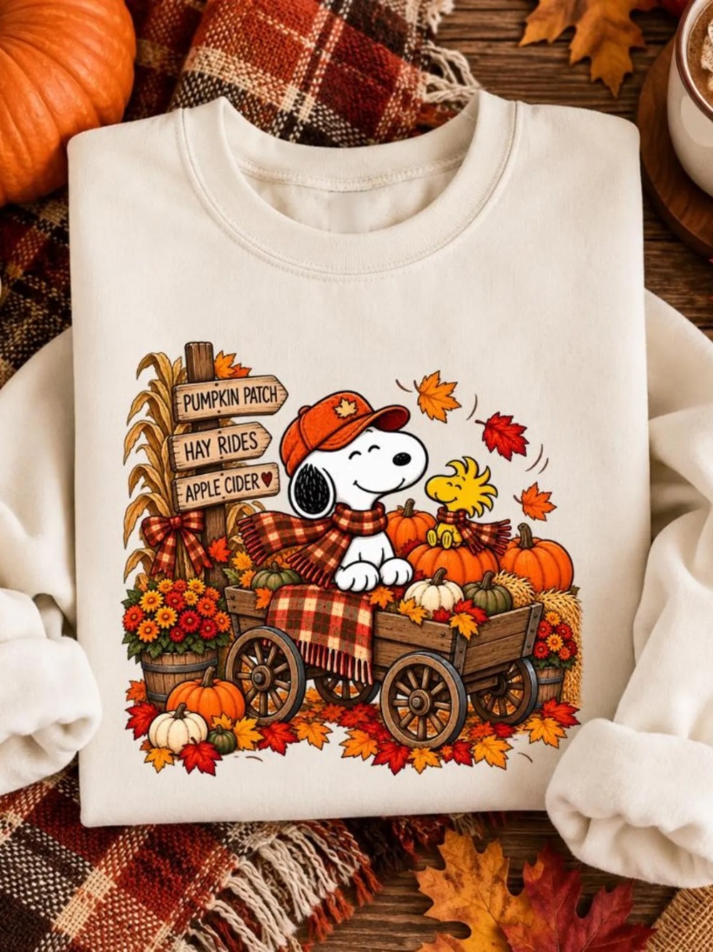 Sand Sweatshirt with Snoopy & Woodstock Fall Pumpkin Graphic